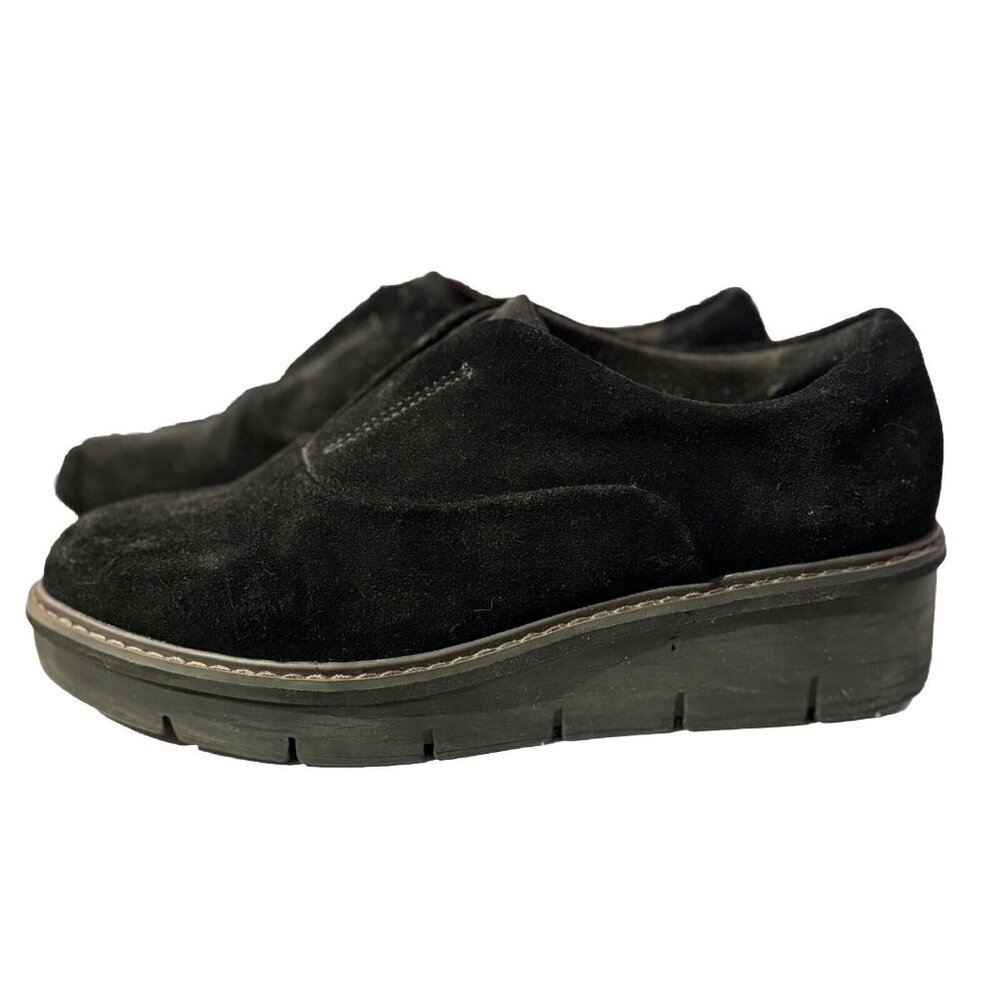 Clarks Airabell Suede Wedge Shoes Women's 7.5 Slip-On Sky Black  (7768786)